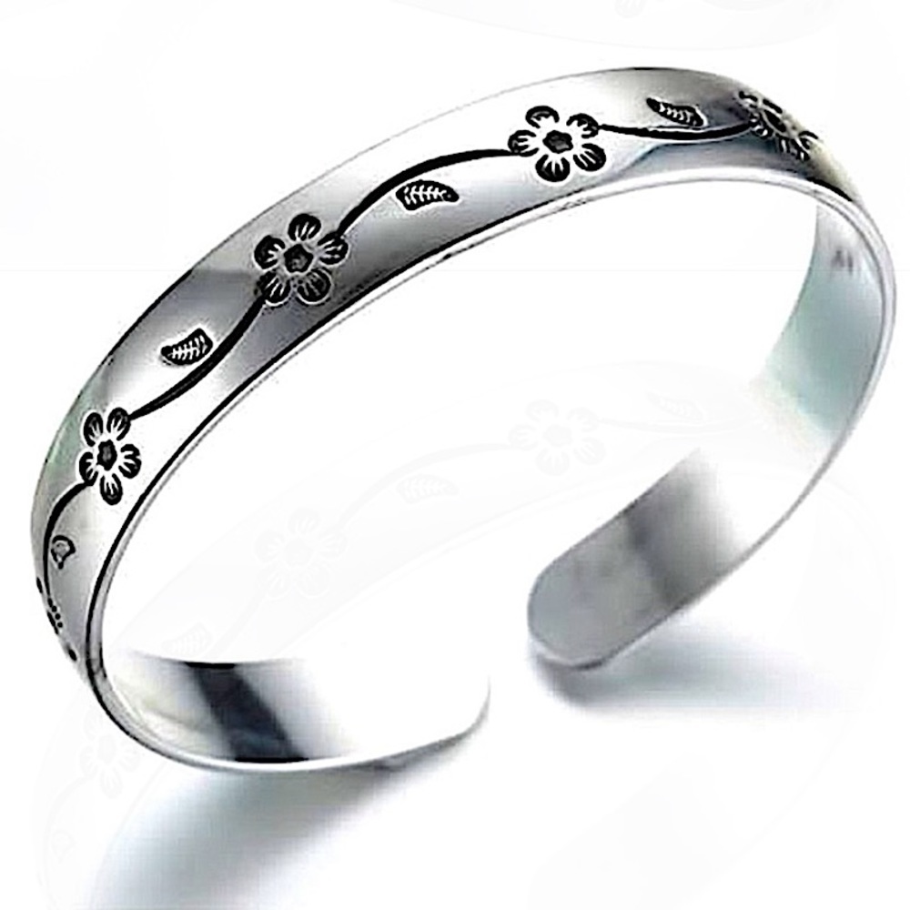 Flower Engraved Sterling Silver Cuff Bangle Bracelet